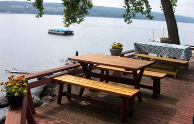 Picnic tables on the lakeside deck