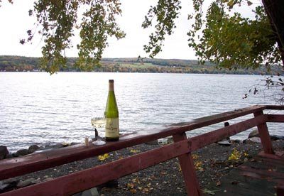 Wine on the lakeside deck rail